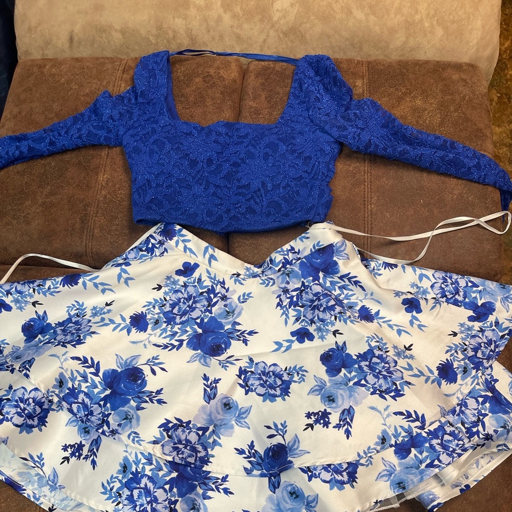 White and Royal Blue 2 piece formal dress